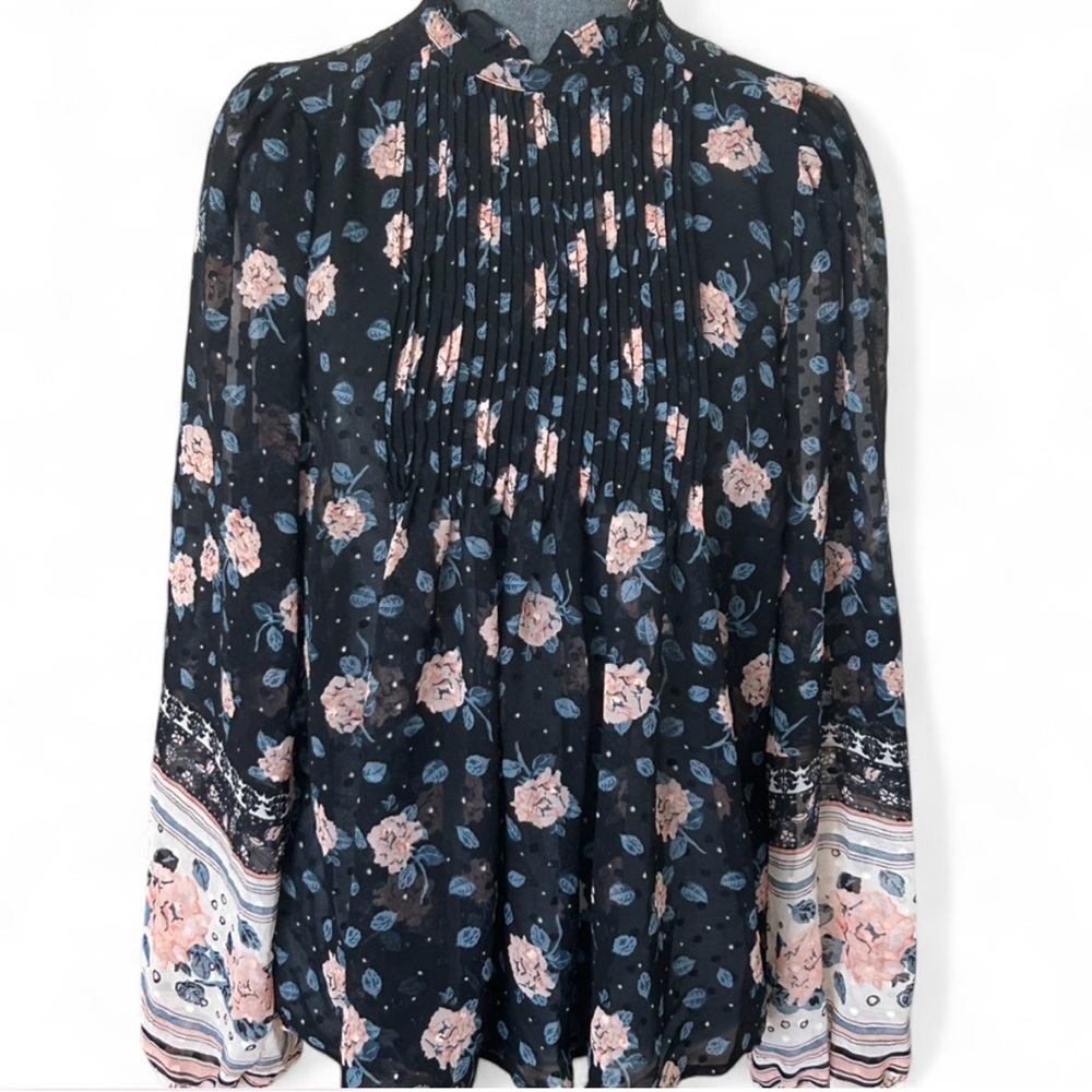Floral Pintuck Black Blouse with Pink Accents